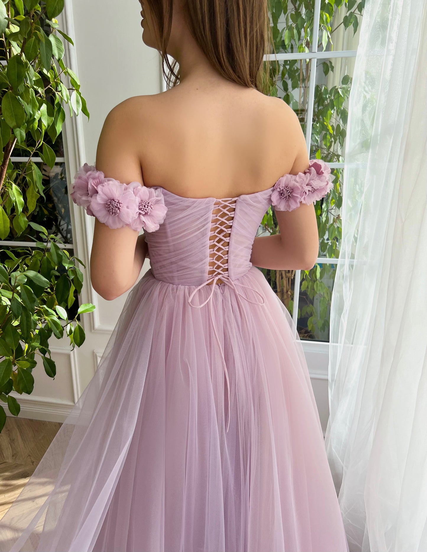 Purple A-Line dress with off the shoulder sleeves and embroidery