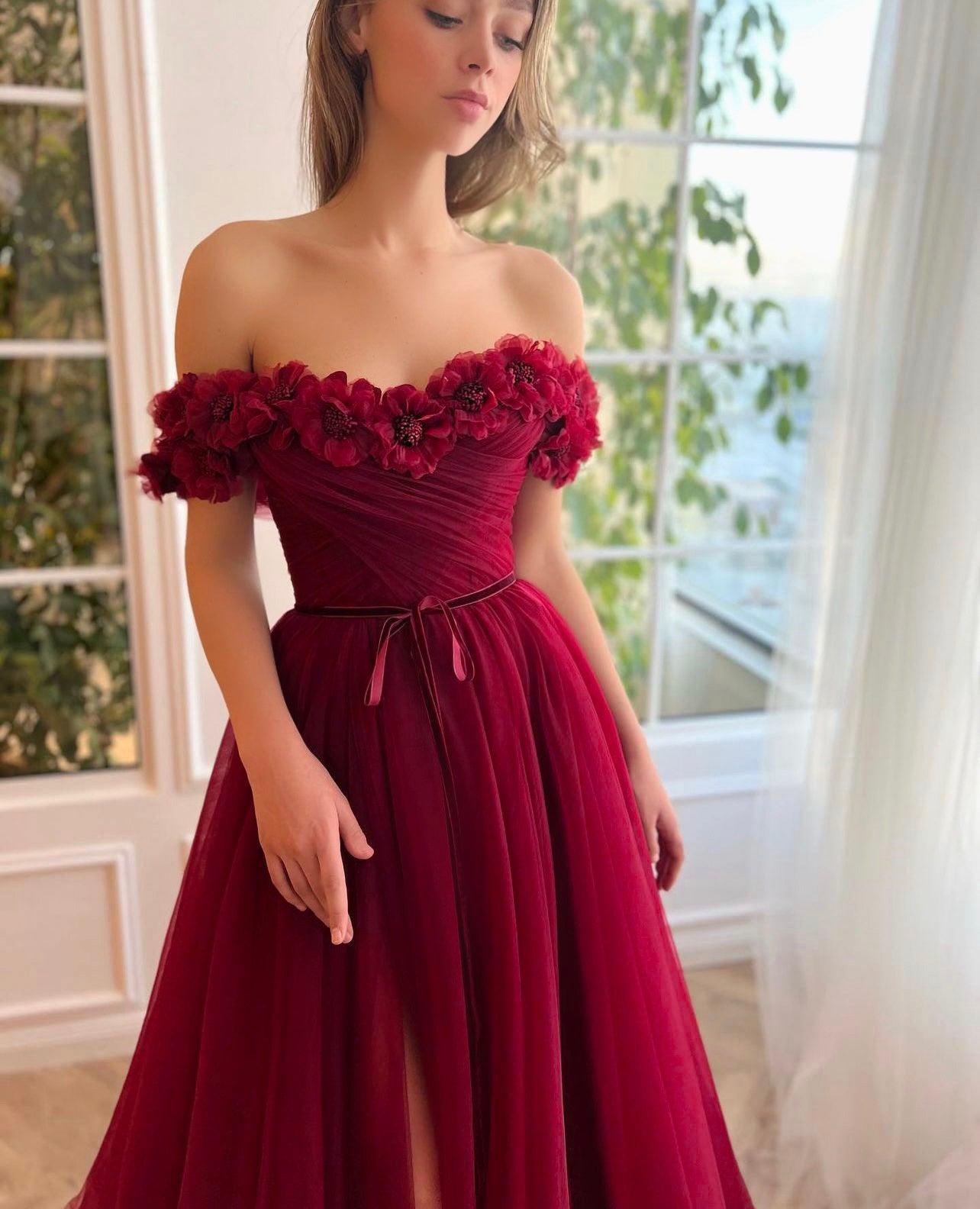 Red A-Line dress with embroidery, flowers and off the shoulder sleeves