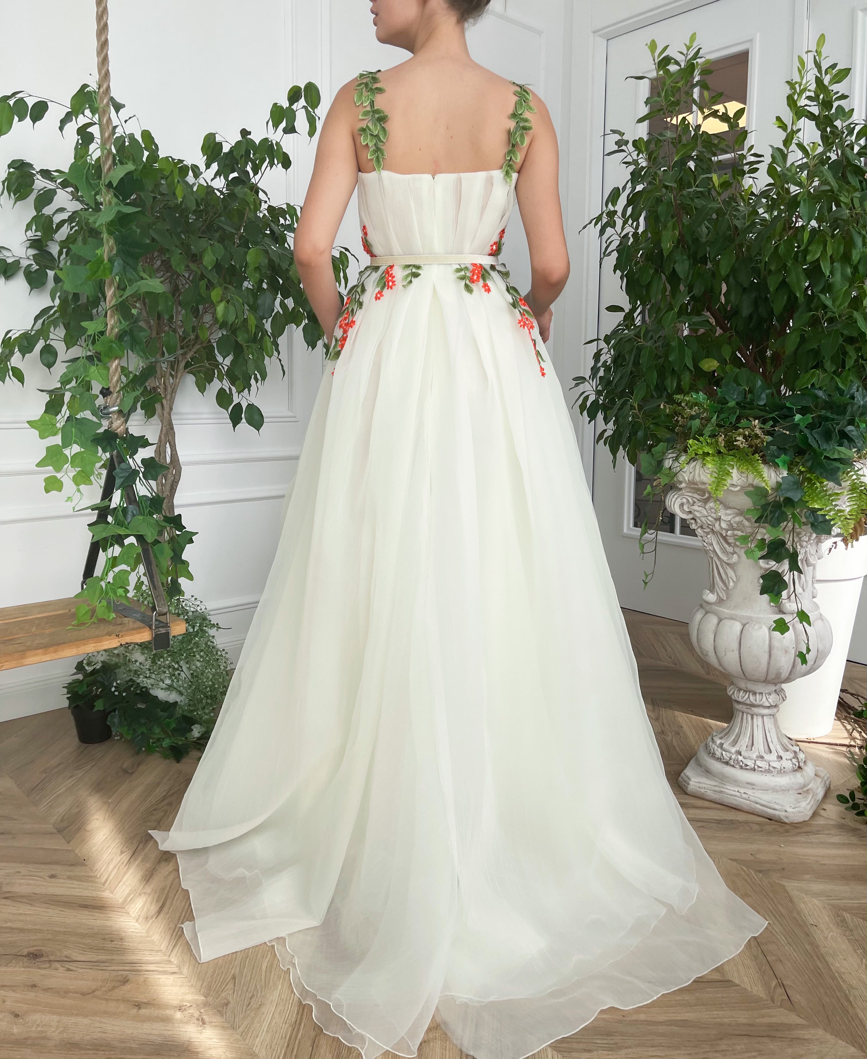 White bridal A-Line dress with belt, spaghetti straps and embroidery