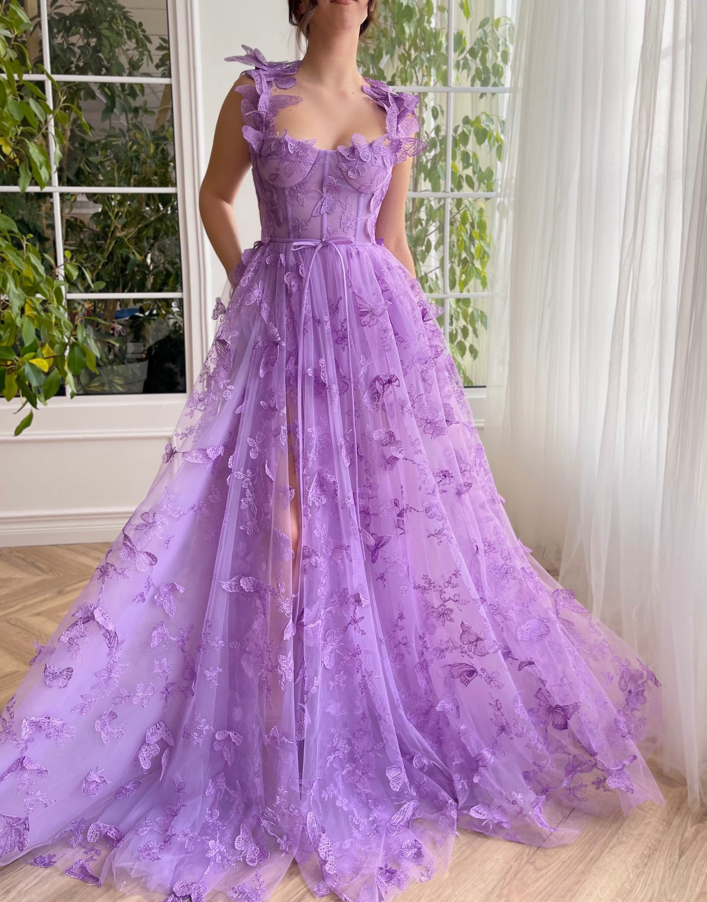 Purple A-Line dress with straps and embroidered butterflies