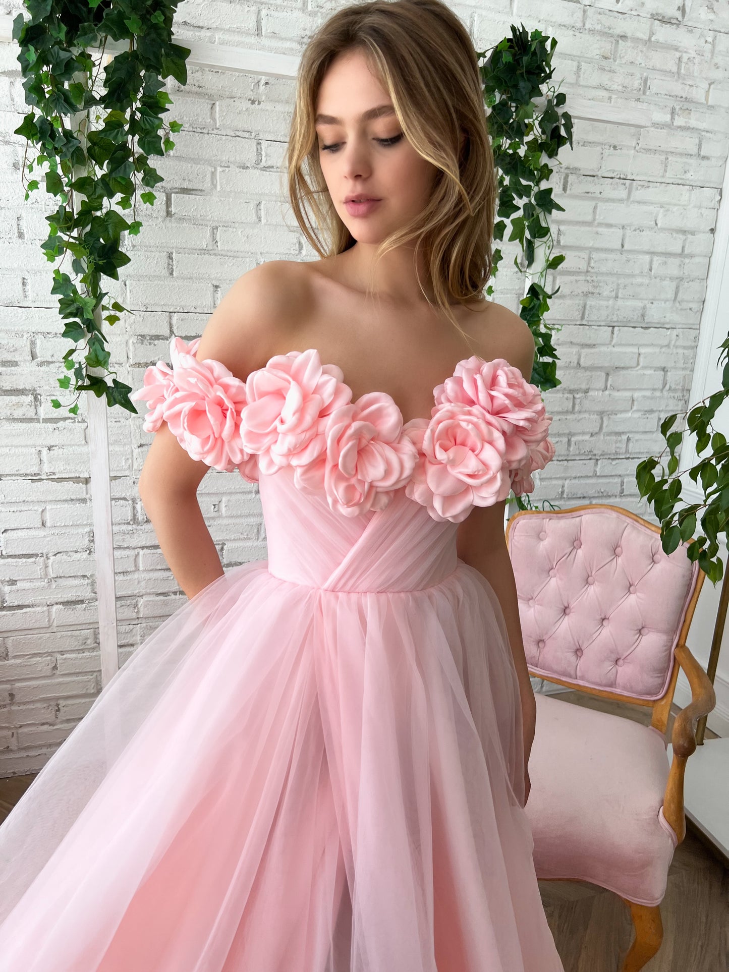 Pink A-Line dress with off the shoulder sleeves, embroidery and flowers