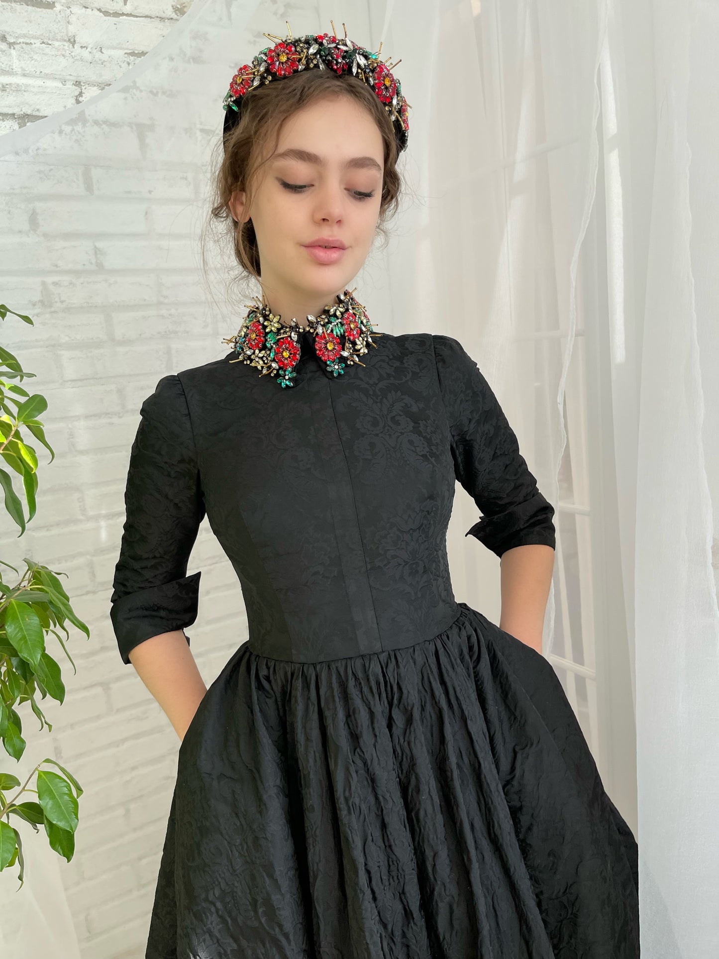 Black midi dress with short sleeves