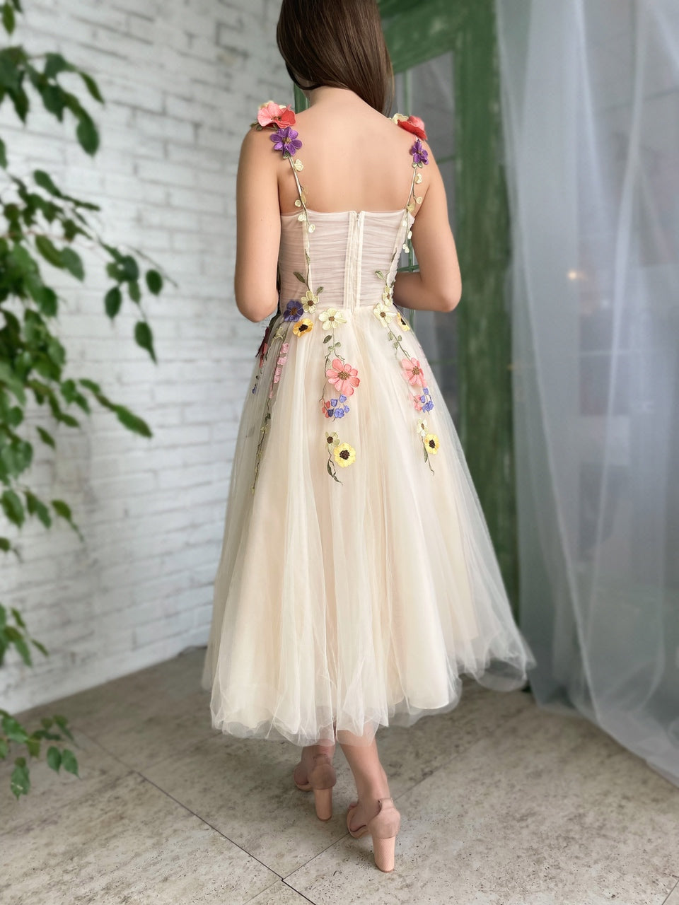Beige midi dress with spaghetti straps, embroidery and flowers