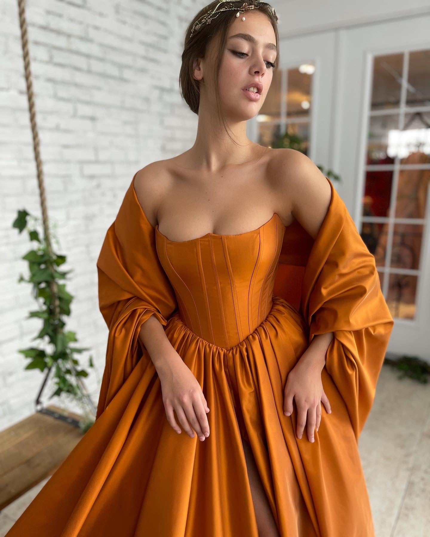 Orange A-Line dress with cape sleeves