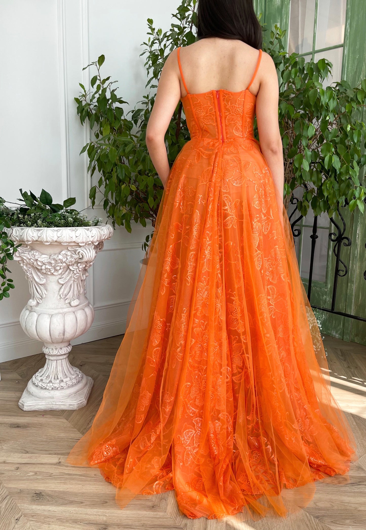 Orange A-Line dress with spaghetti straps