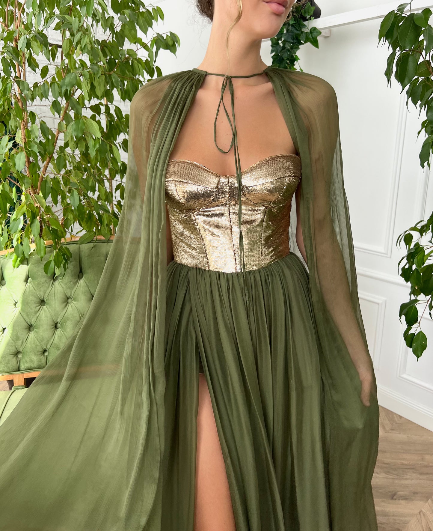 Green A-Line dress with cape and no sleeves