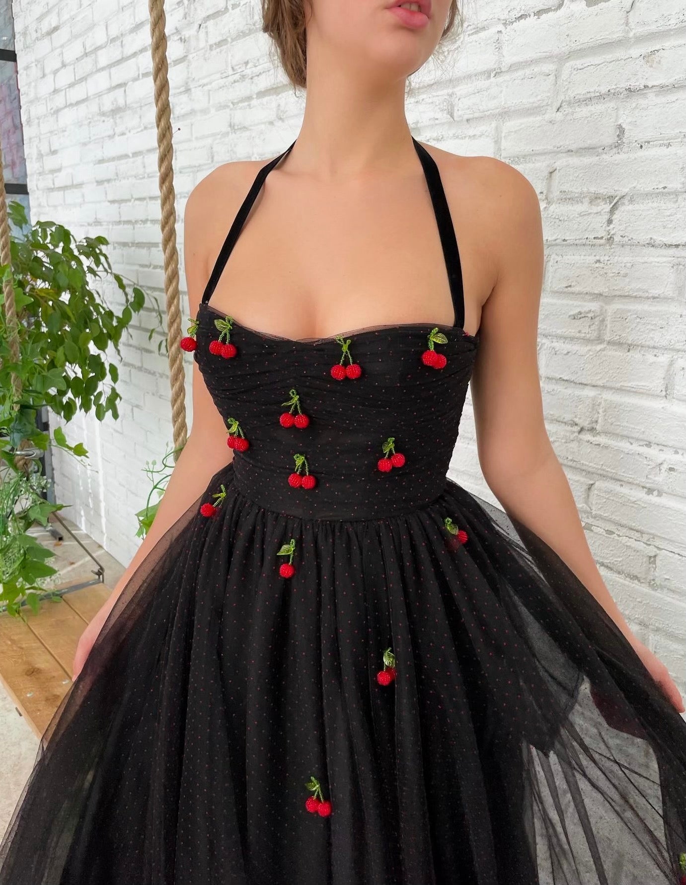 Black midi dress with spaghetti straps and embroidered cherries