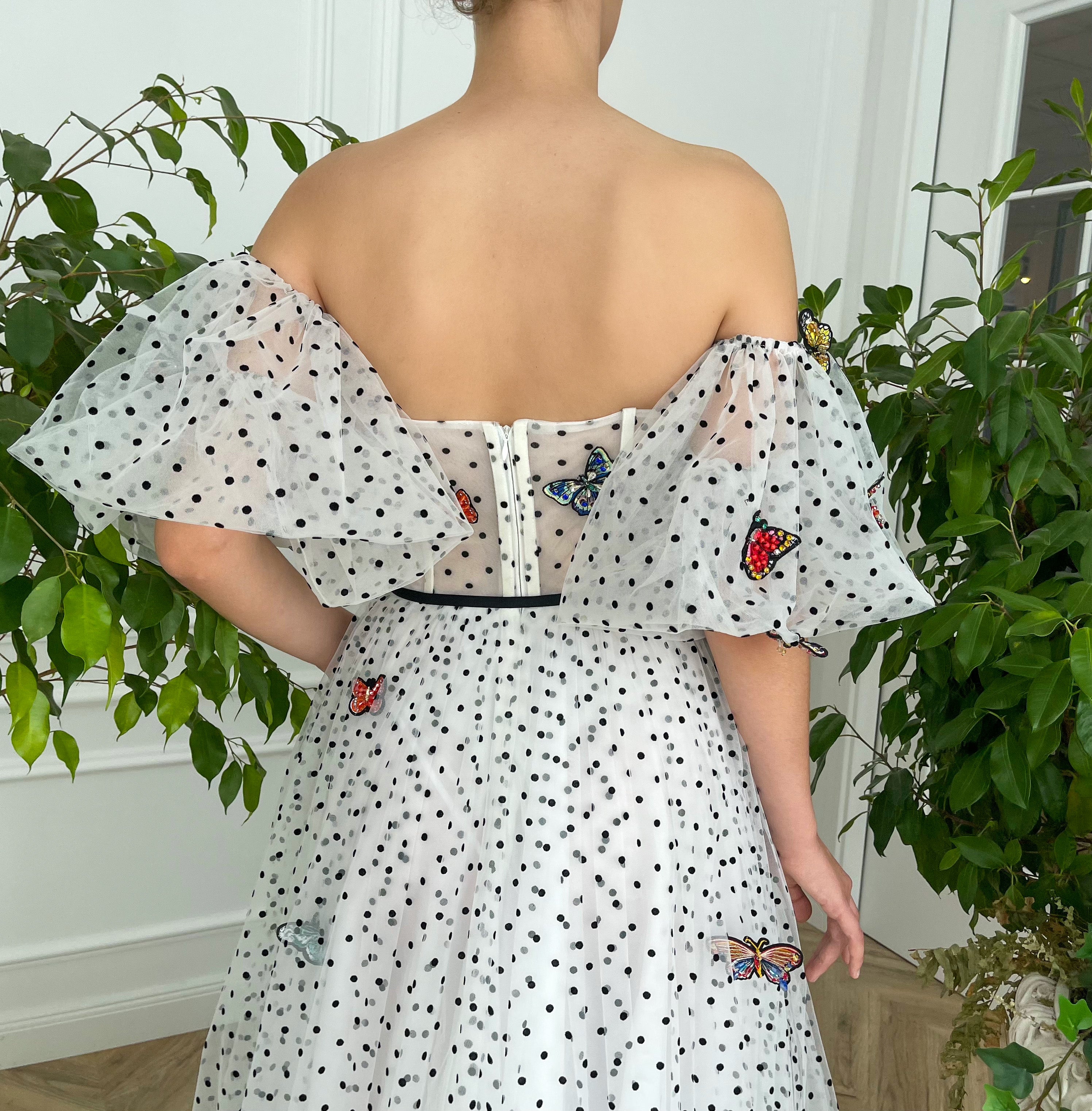 White dotted A-Line dress with embroidered butterflies and short off the shoulder sleeves