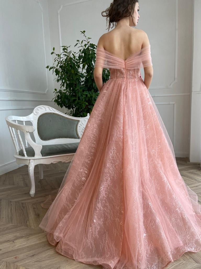 Pink A-Line dress with off the shoulder sleeves and embroidery