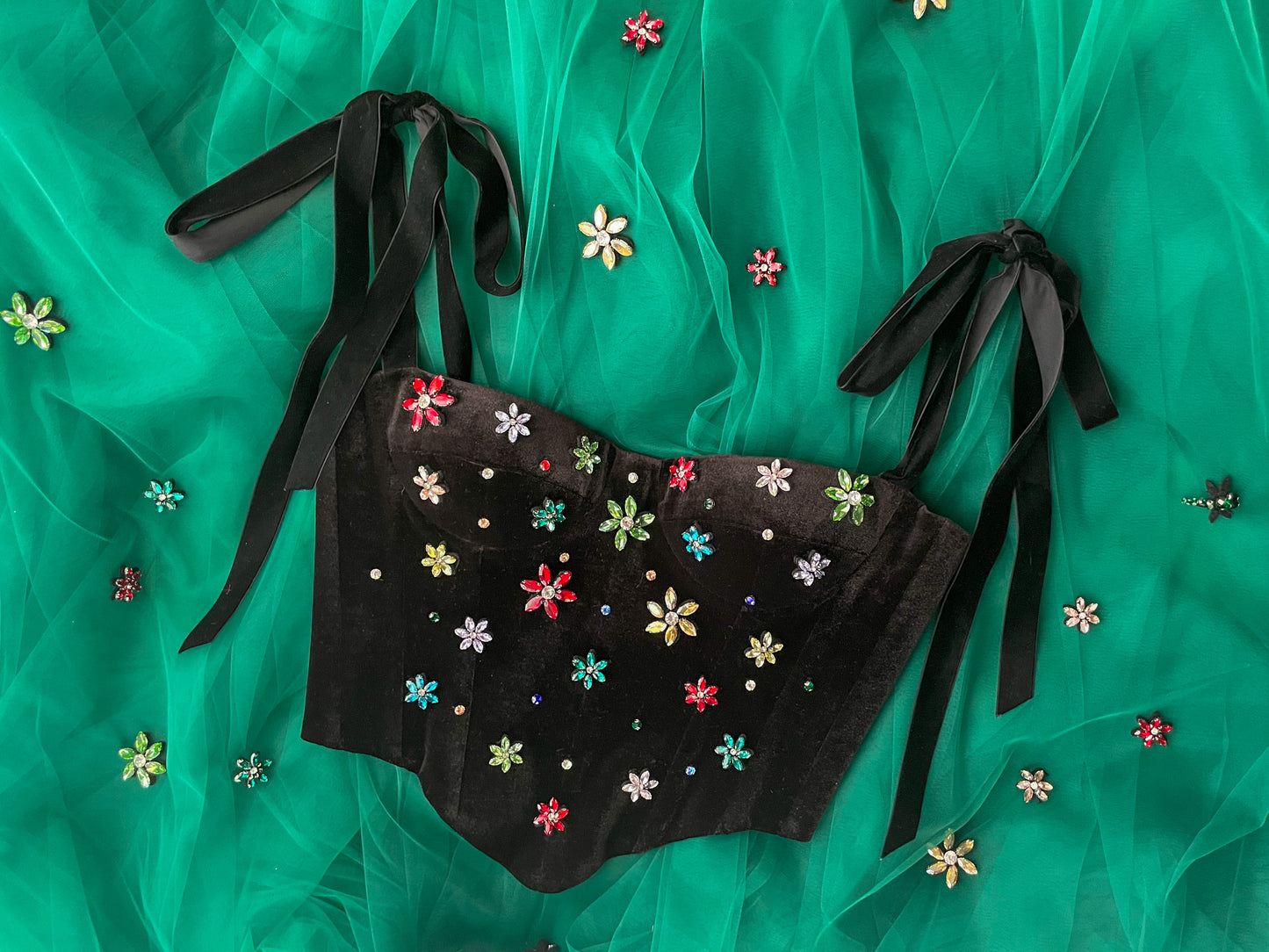 Black corset with bow straps and embroidery