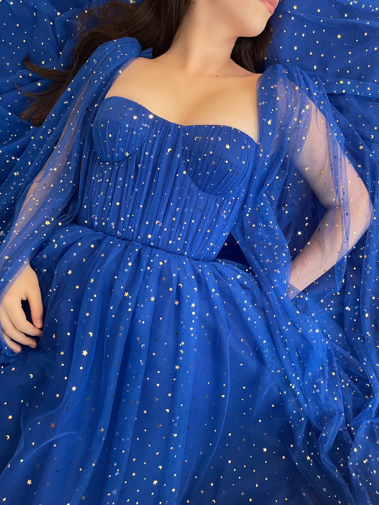 Blue A-Line dress with cape sleeves, spaghetti straps and starry fabric