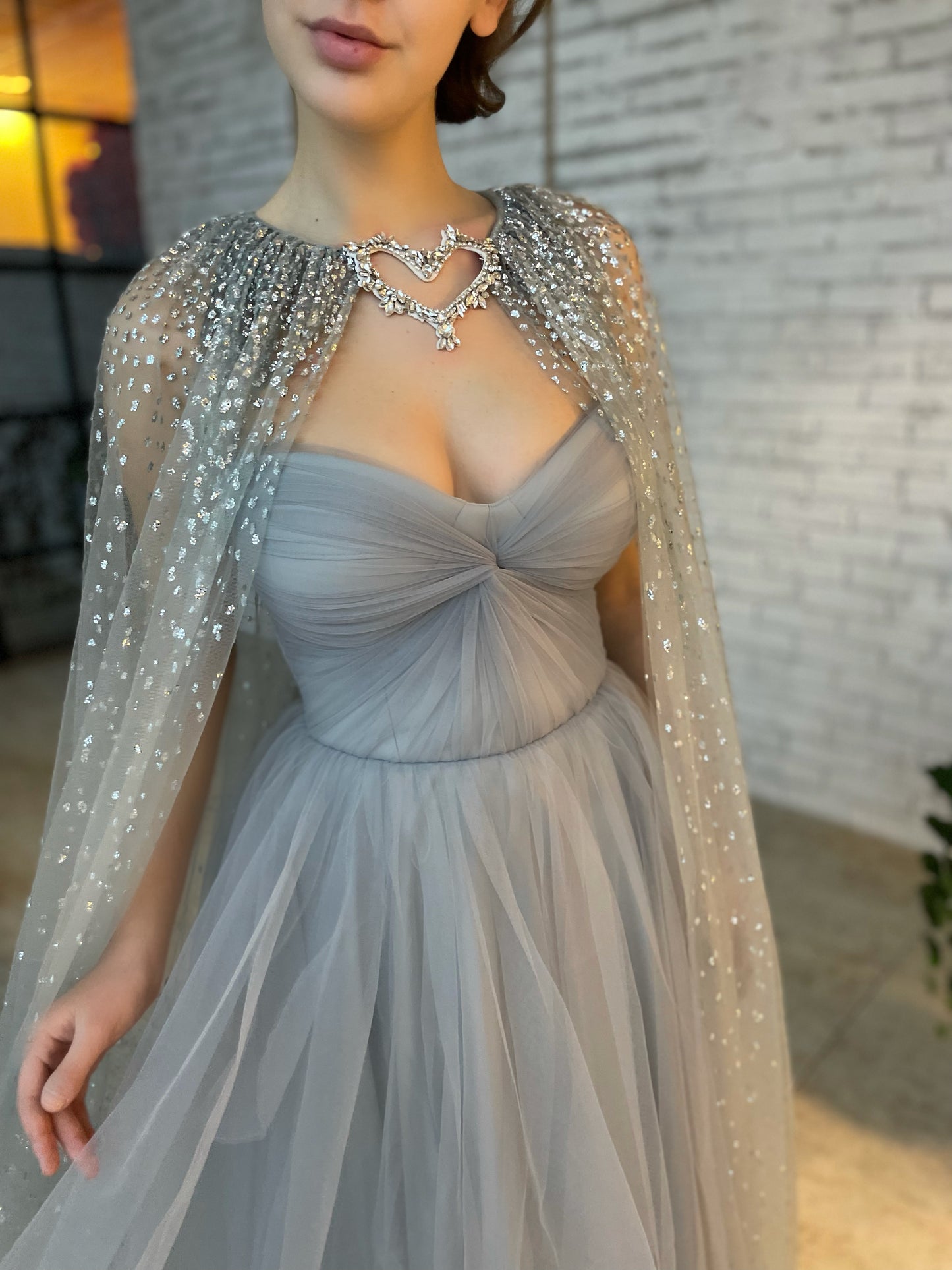 Grey midi dress with cape and belt