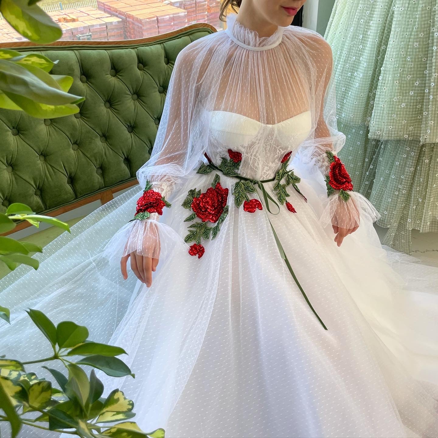 A Line white bridal dress with long sleeves and embroidered flowers