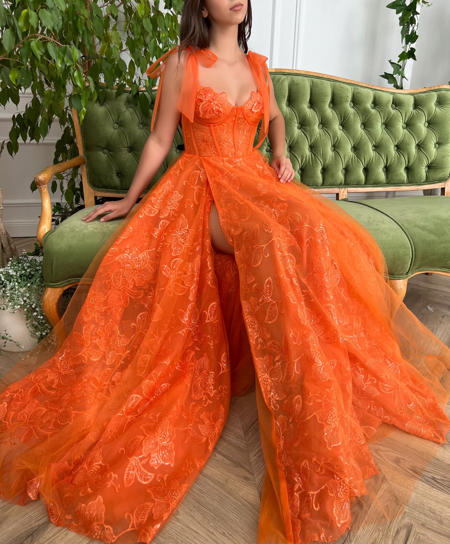 Orange A-Line dress with spaghetti straps, and embroidery