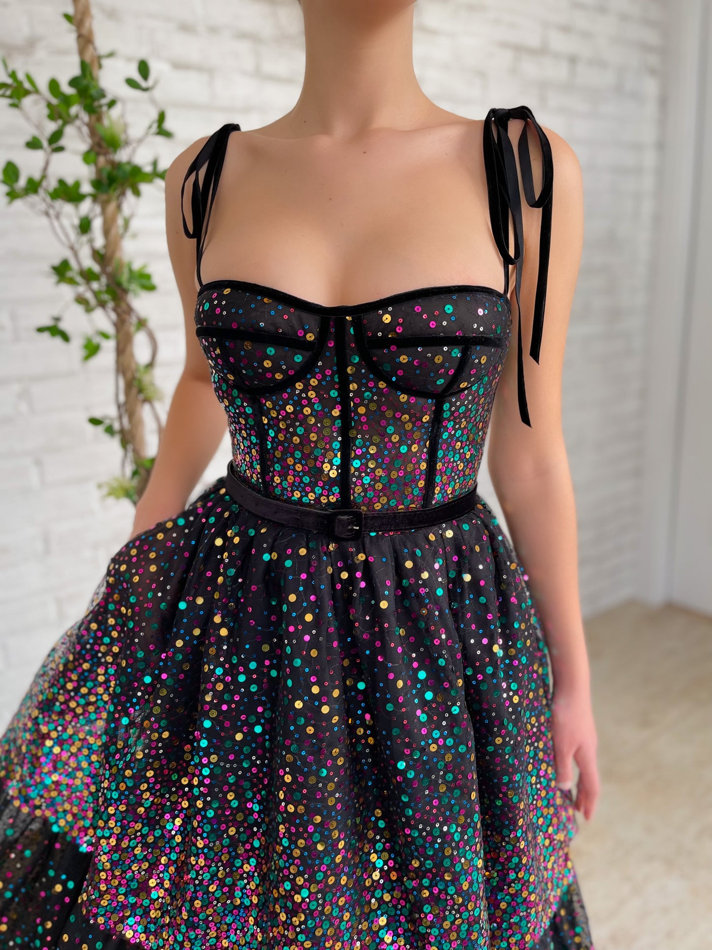 Black midi dress with sequins and spaghetti straps