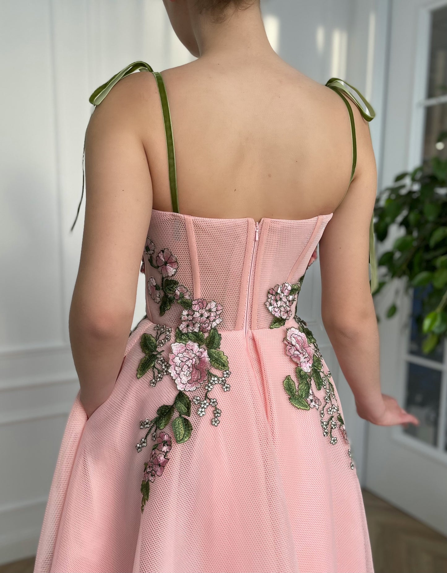 Pink midi dress with embroidery and spaghetti straps