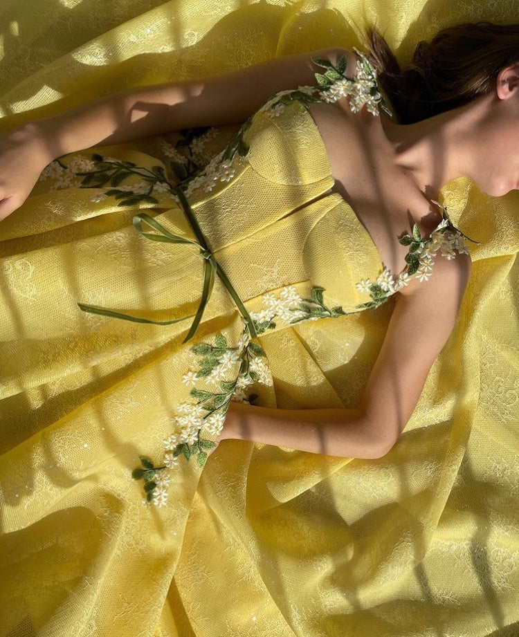 Yellow A-Line dress with embroidery and spaghetti straps