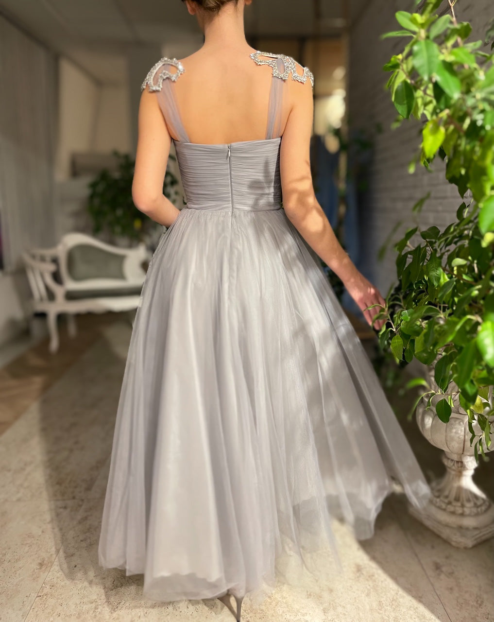 Grey midi dress with straps and embroidery