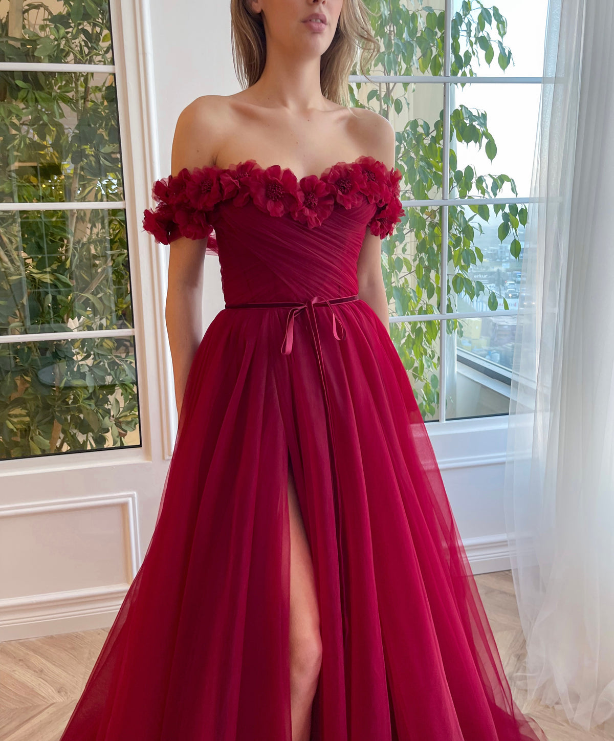 Red A-Line dress with embroidery, flowers and off the shoulder sleeves