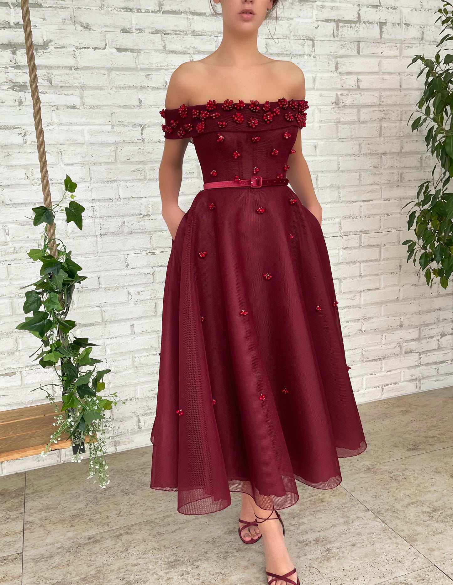 Red midi dress with belt, embroidery and off the shoulder sleeves