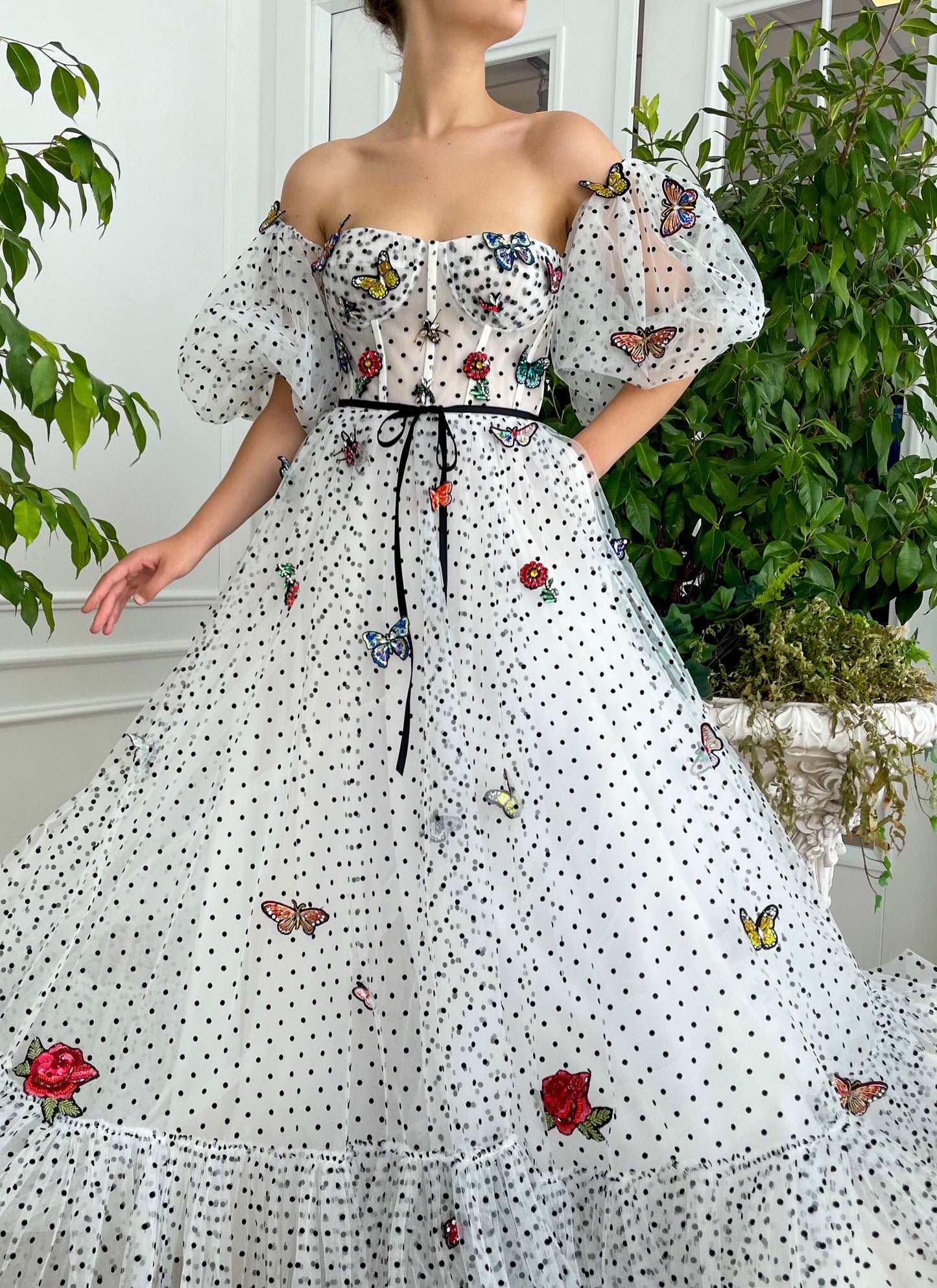 White dotted A-Line dress with embroidered butterflies and short off the shoulder sleeves