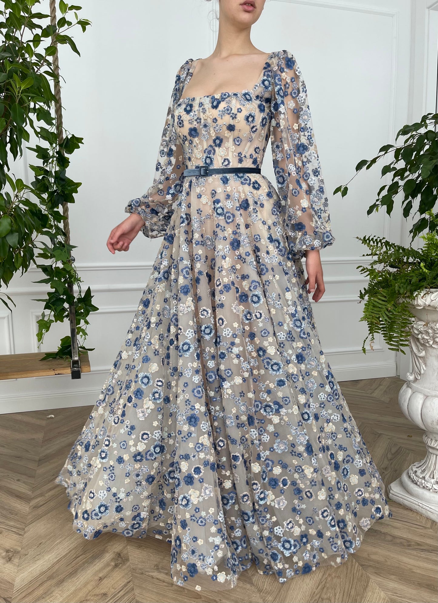 Beige A-Line dress with long sleeves, belt and printed flowers