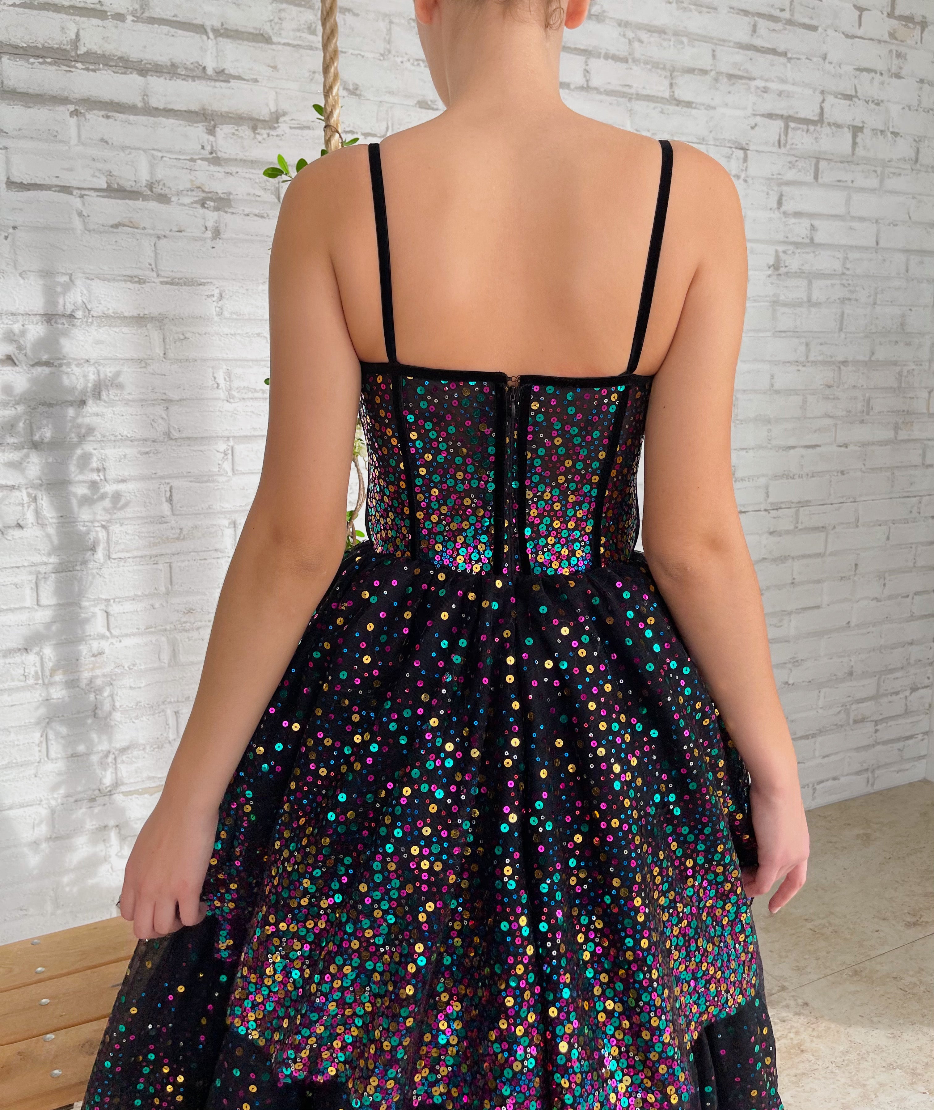 Black midi dress with sequins and spaghetti straps