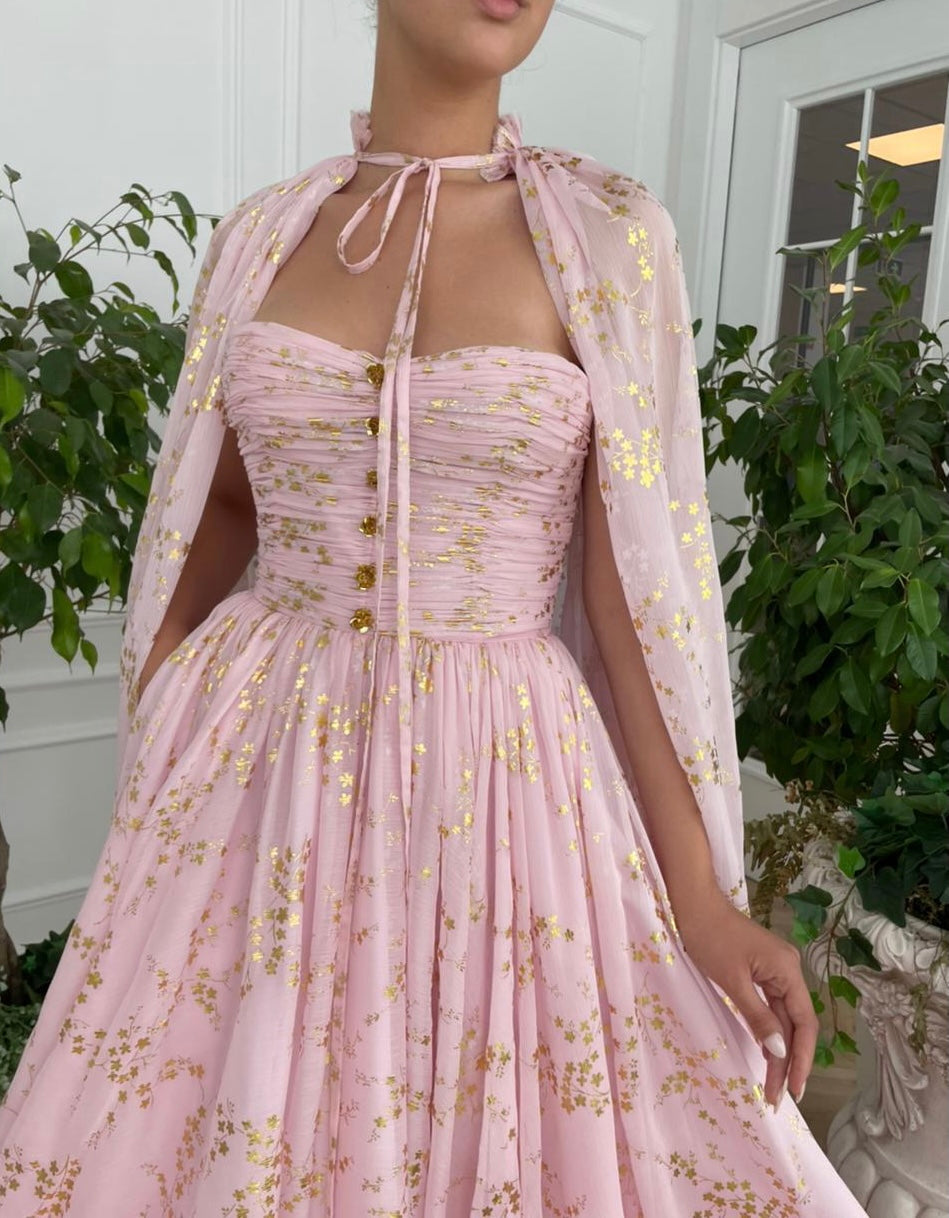 Pink A-Line dress with no sleeves and cape