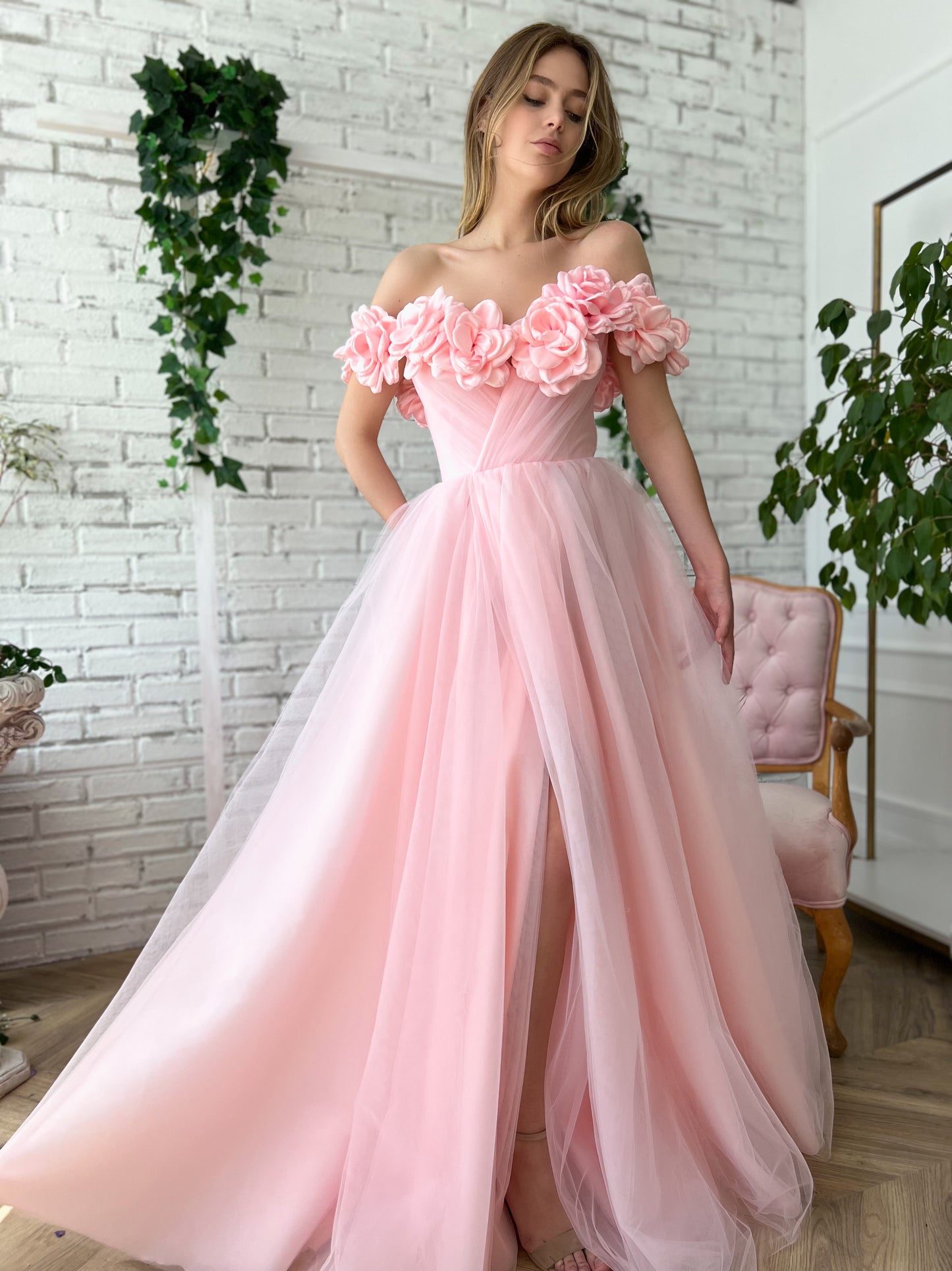 Pink A-Line dress with off the shoulder sleeves, embroidery and flowers