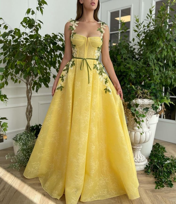 Yellow A-Line dress with embroidery and spaghetti straps