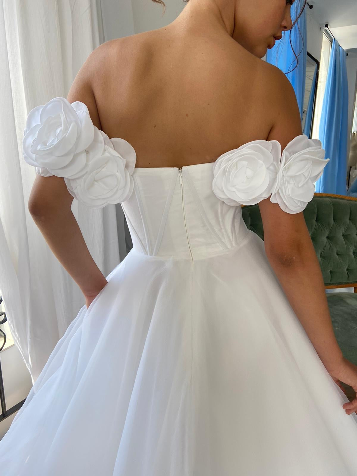 A Line white bridal dress with embroidered flowers and off shoulder sleeves