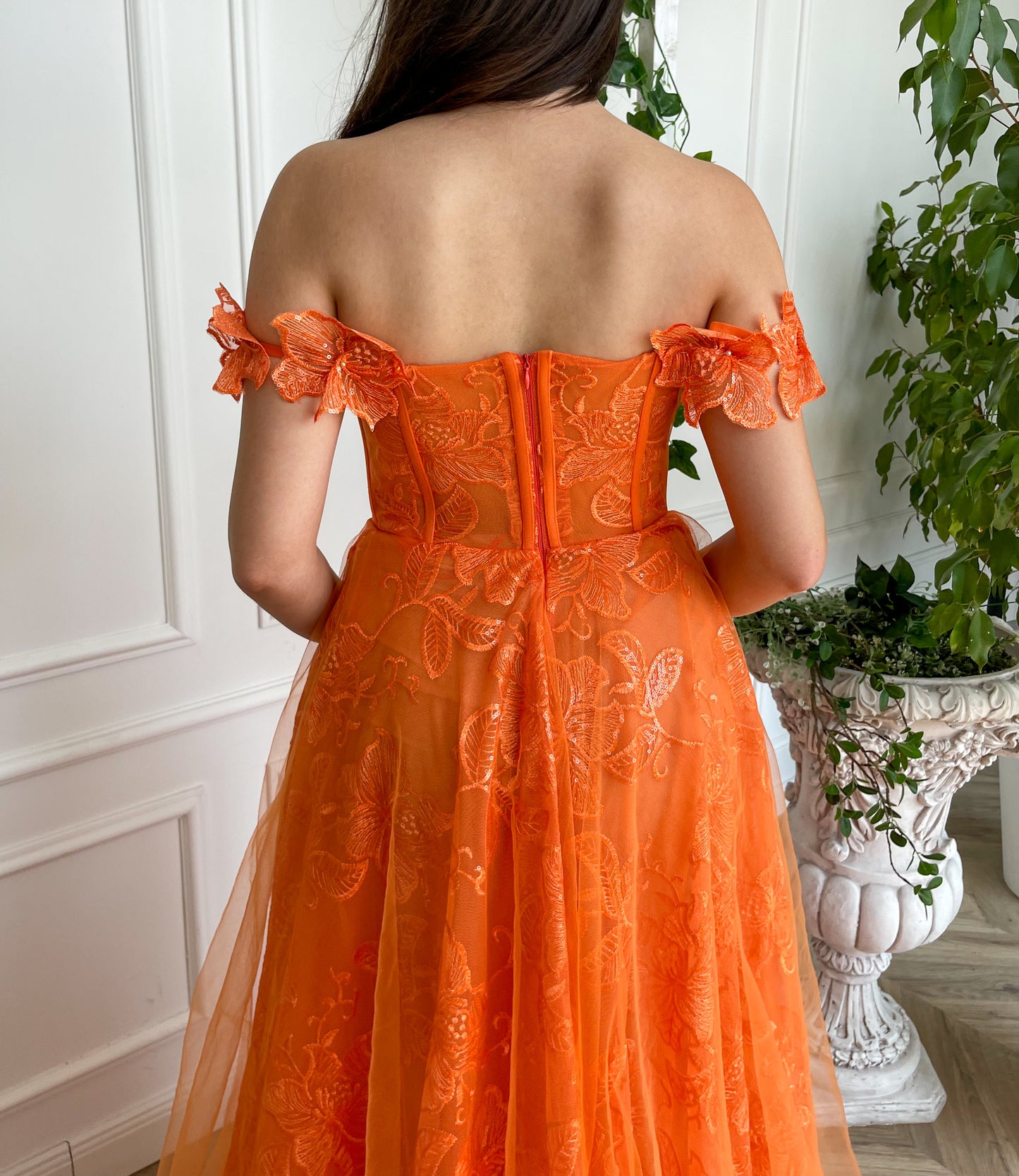Orange A-Line dress with off the shoulder sleeves and embroidery