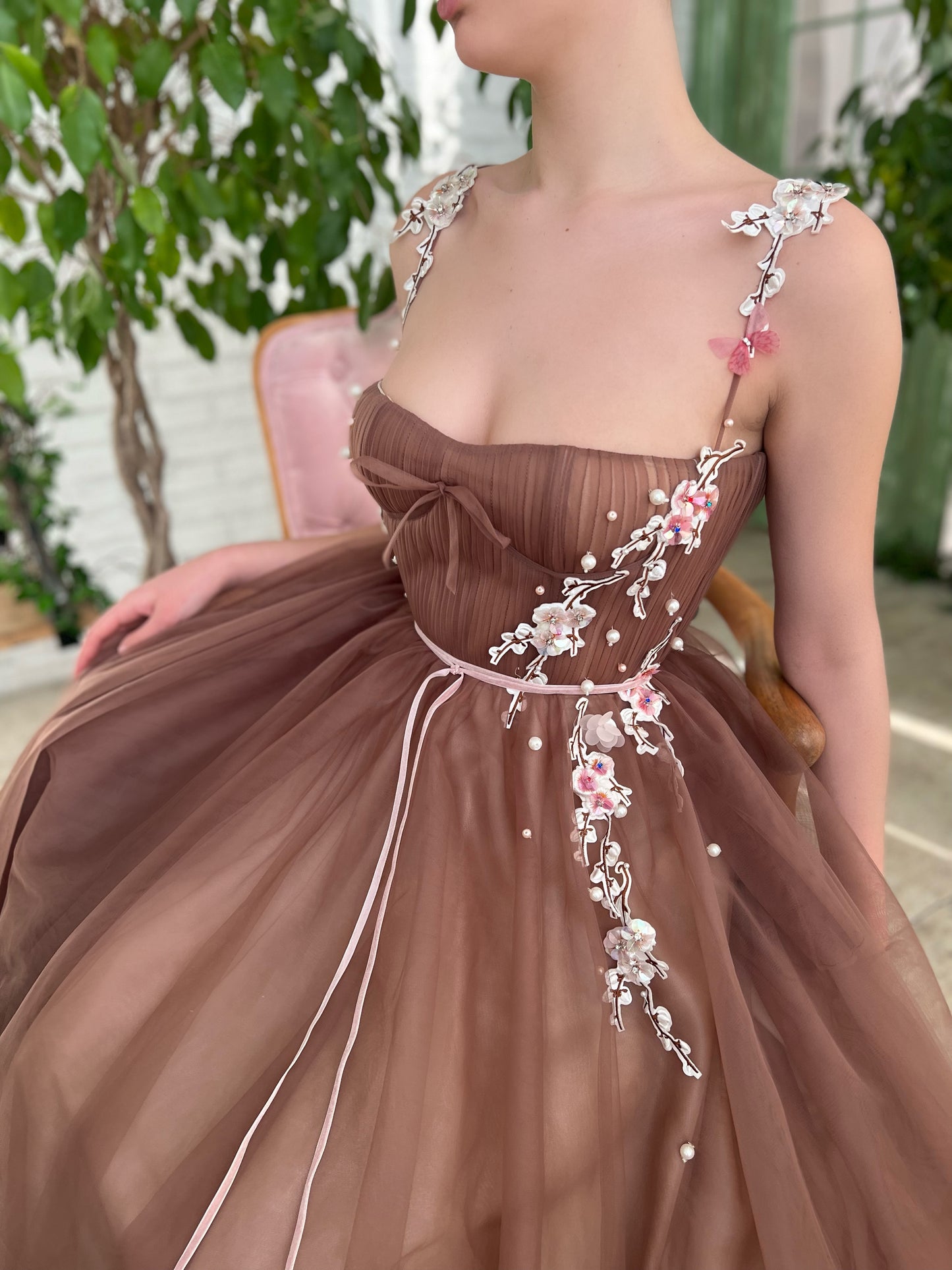 Brown A-Line dress with spaghetti straps and embroidery