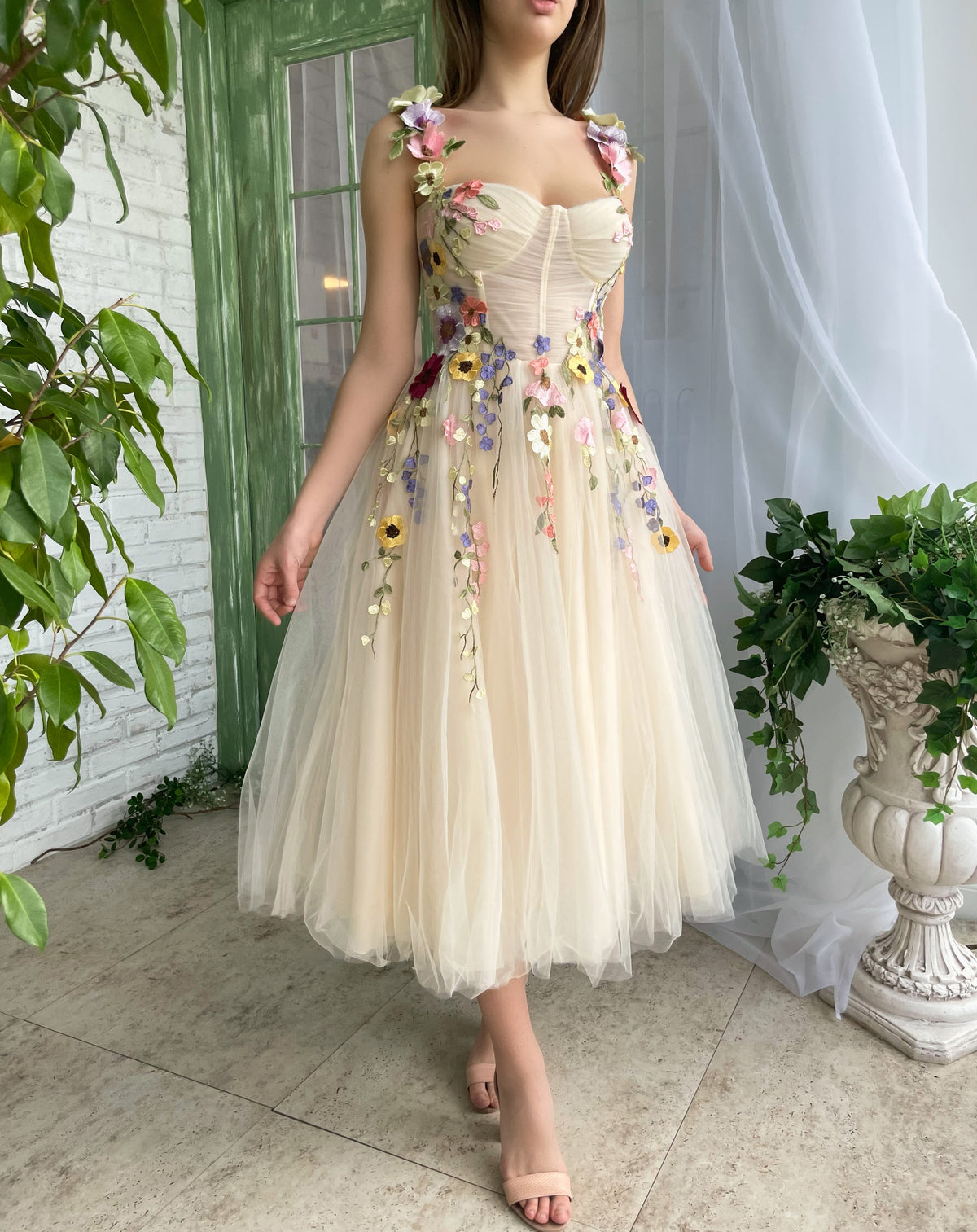Beige midi dress with spaghetti straps, embroidery and flowers