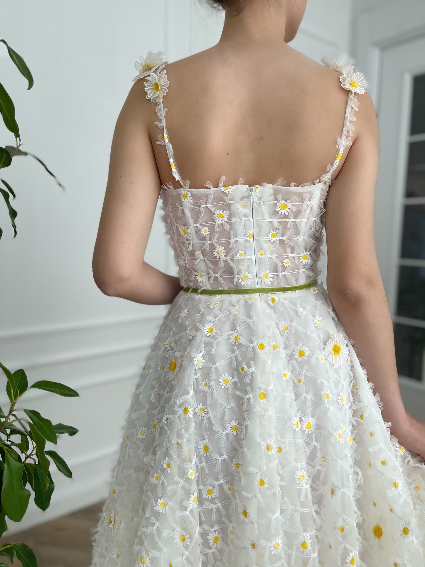 Midi white bridal dress with daisies, straps and embroidered flowers