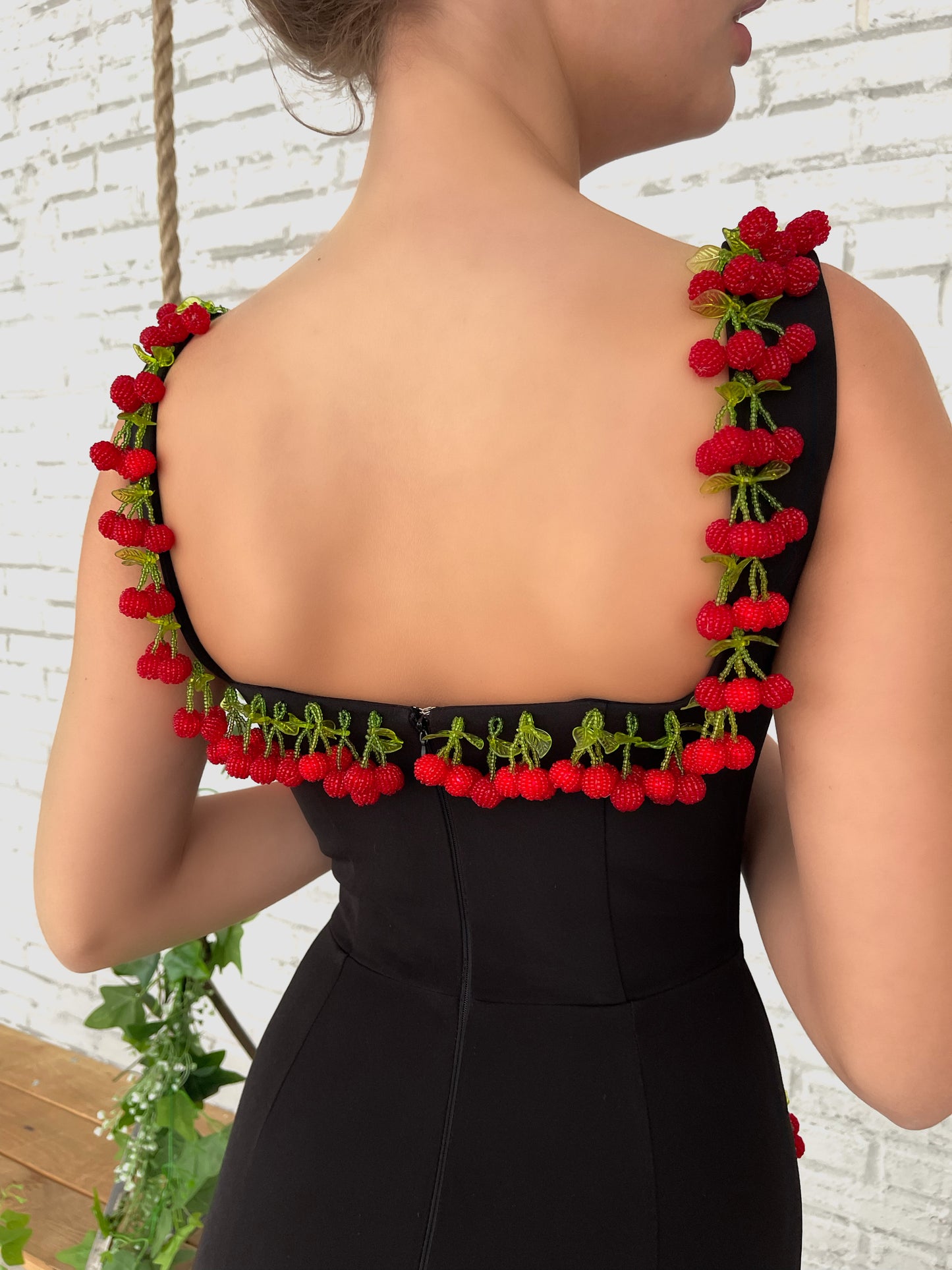 Black mermaid dress with straps and embroidered cherries
