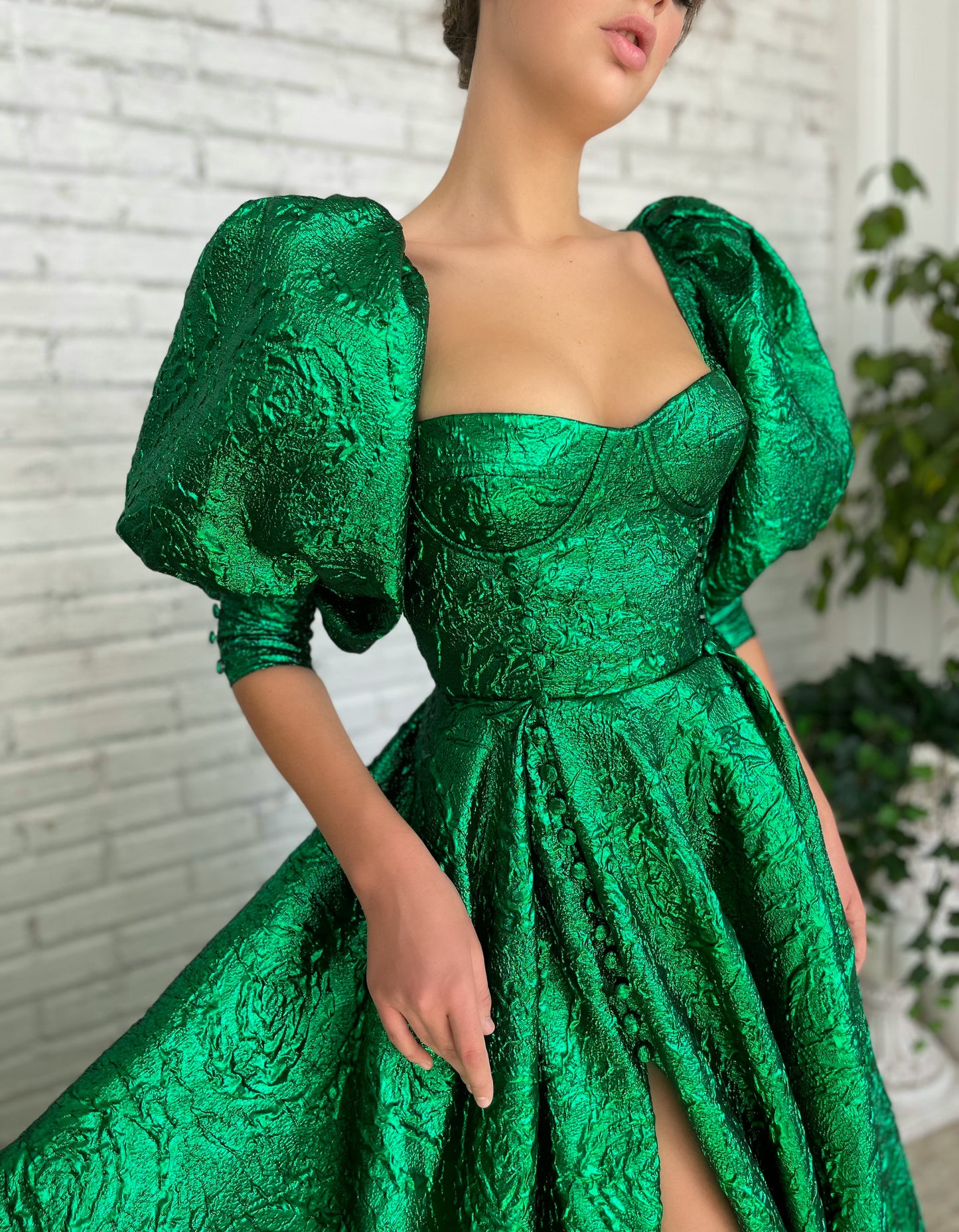 Green A-Line dress with short puff sleeves