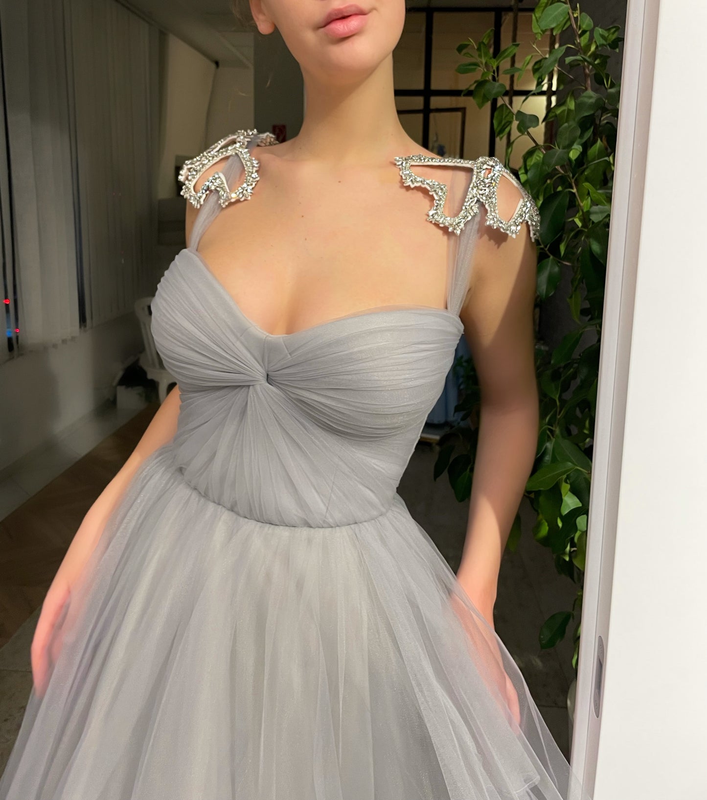 Grey midi dress with straps and embroidery