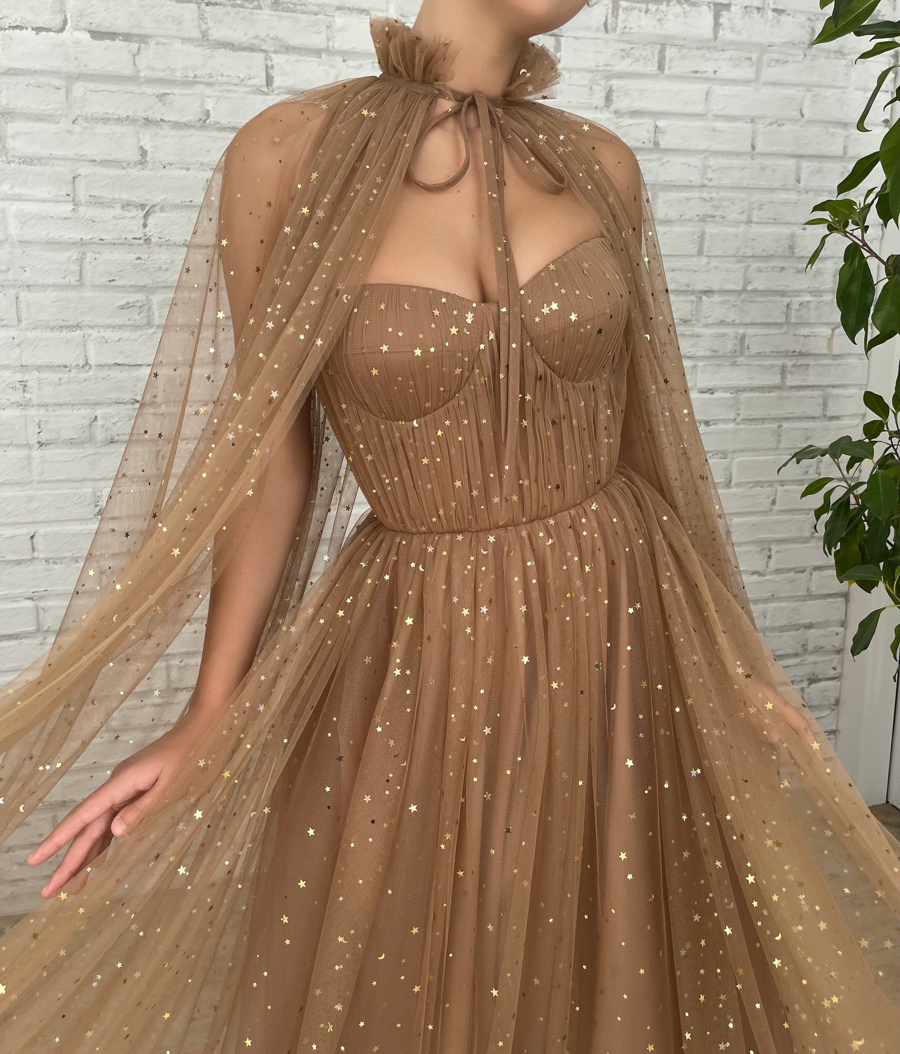 Brown A-Line dress with cape and starry fabric