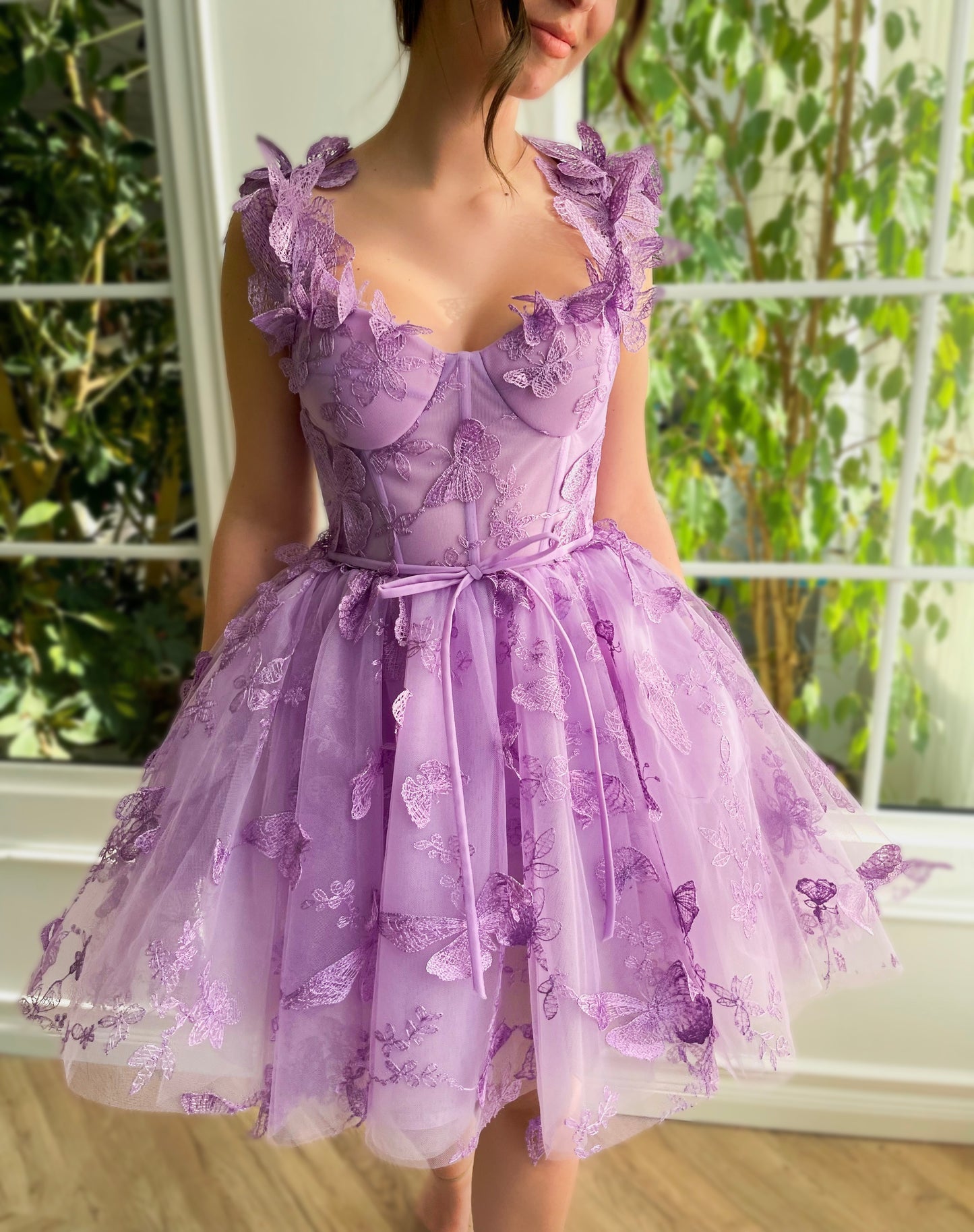 Purple mini dress with straps and embroidered butterflies