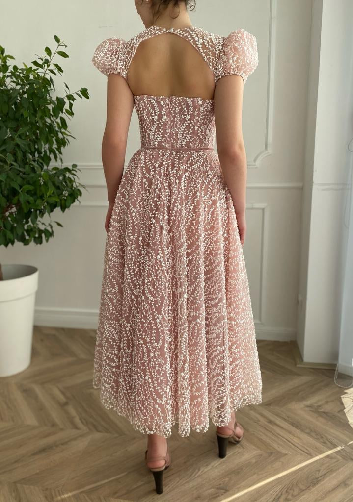 Pink midi dress with short cap sleeves