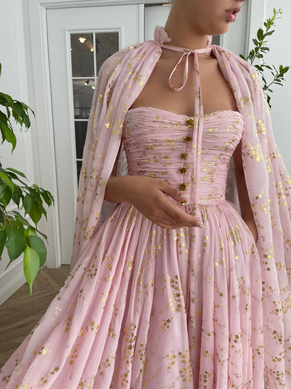 Pink A-Line dress with no sleeves and cape