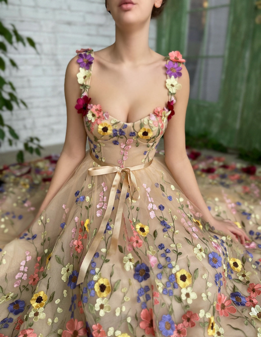 Beige A-Line dress with flowers, spaghetti straps and embroidery