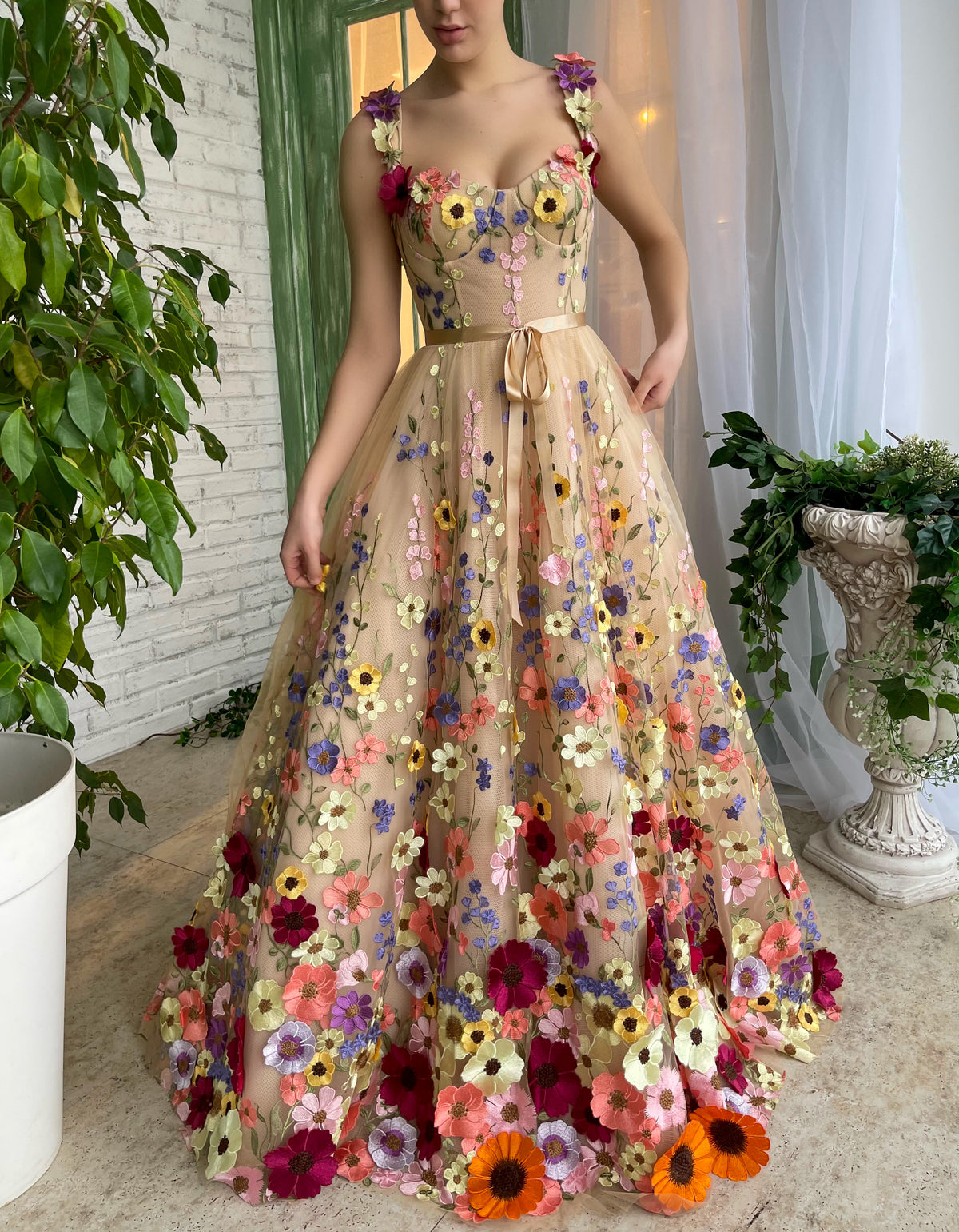 Beige A-Line dress with flowers, spaghetti straps and embroidery