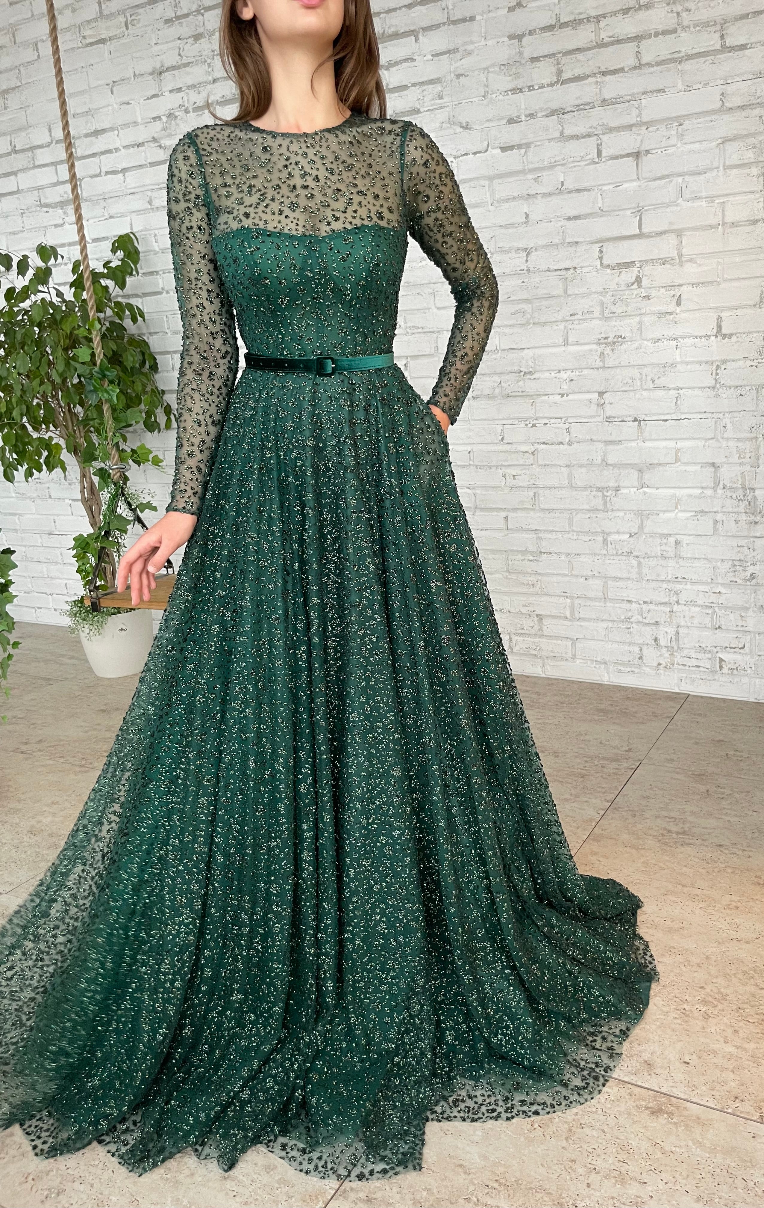 Maxi Dress Forest Green Lace Midi Dress Long Sleeve Soft Silky