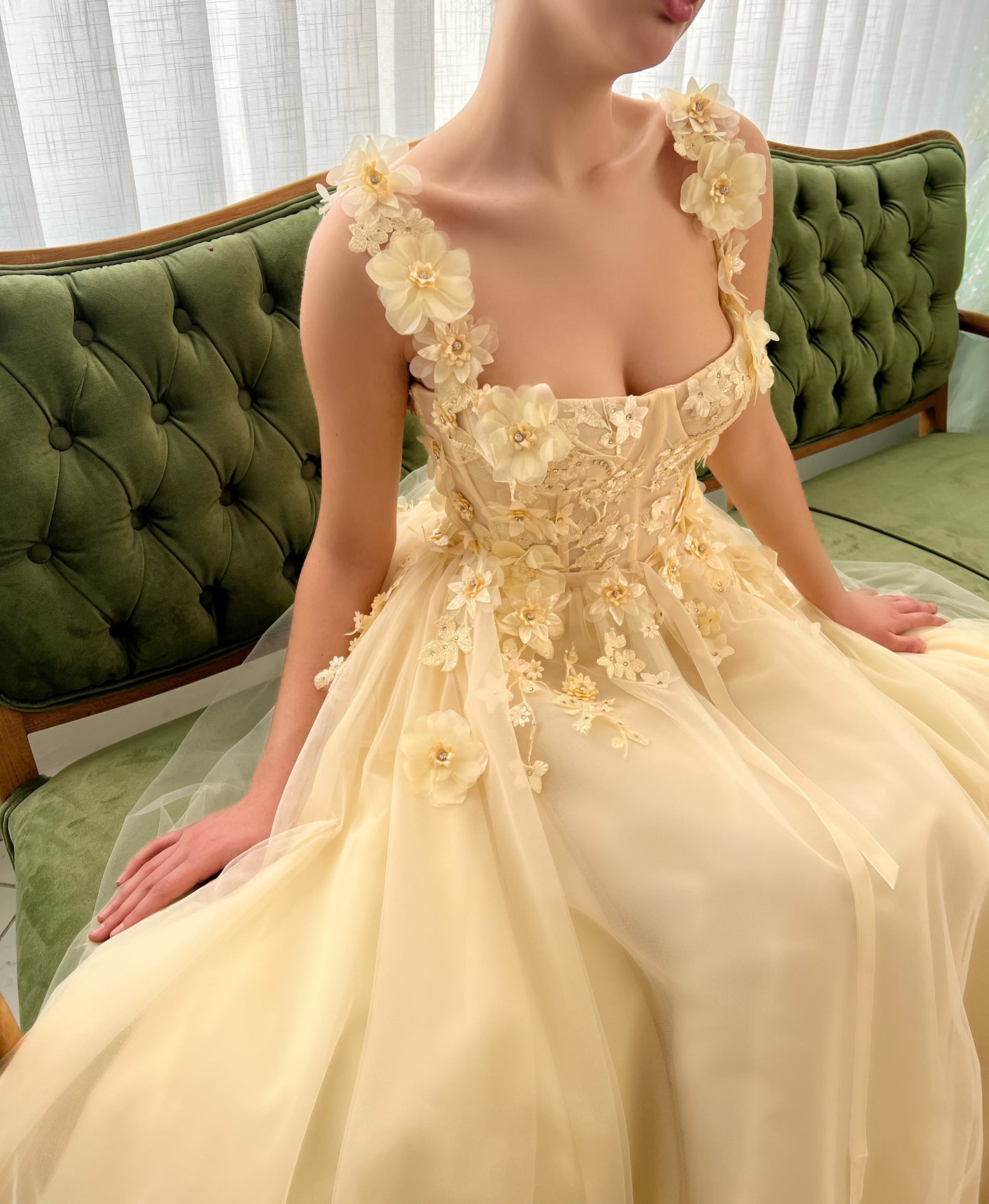 Yellow A-Line dress with straps, embroidery and flowers