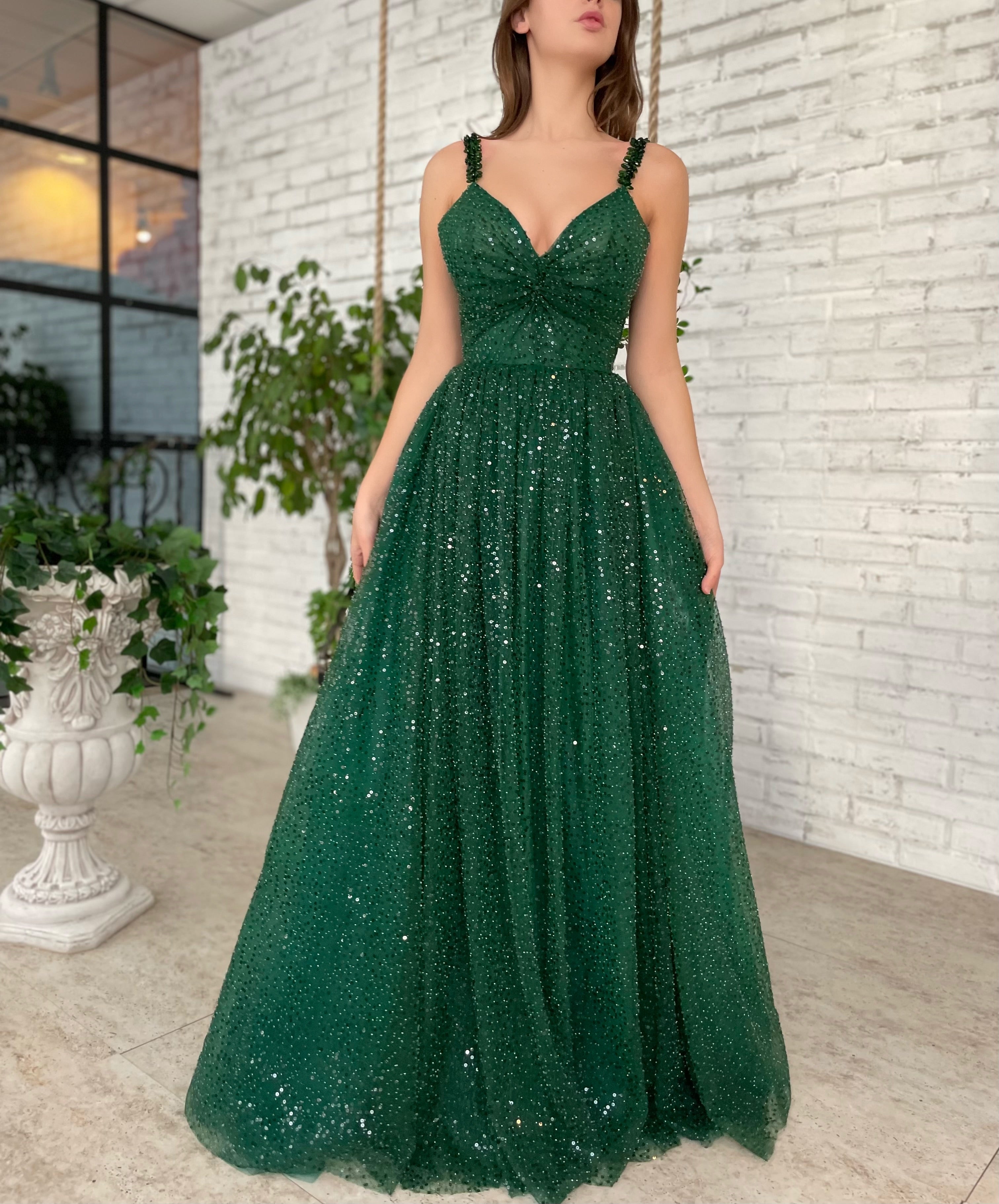 Green A-Line dress with spaghetti straps and embroidery