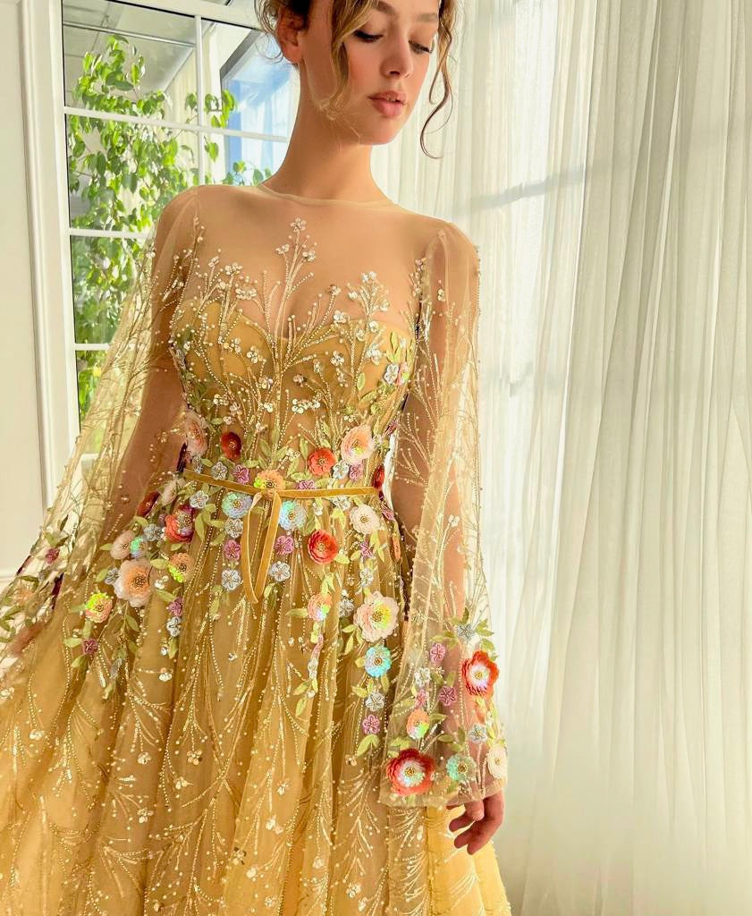 Gold A-Line dress with long sleeves, flowers and embroidery