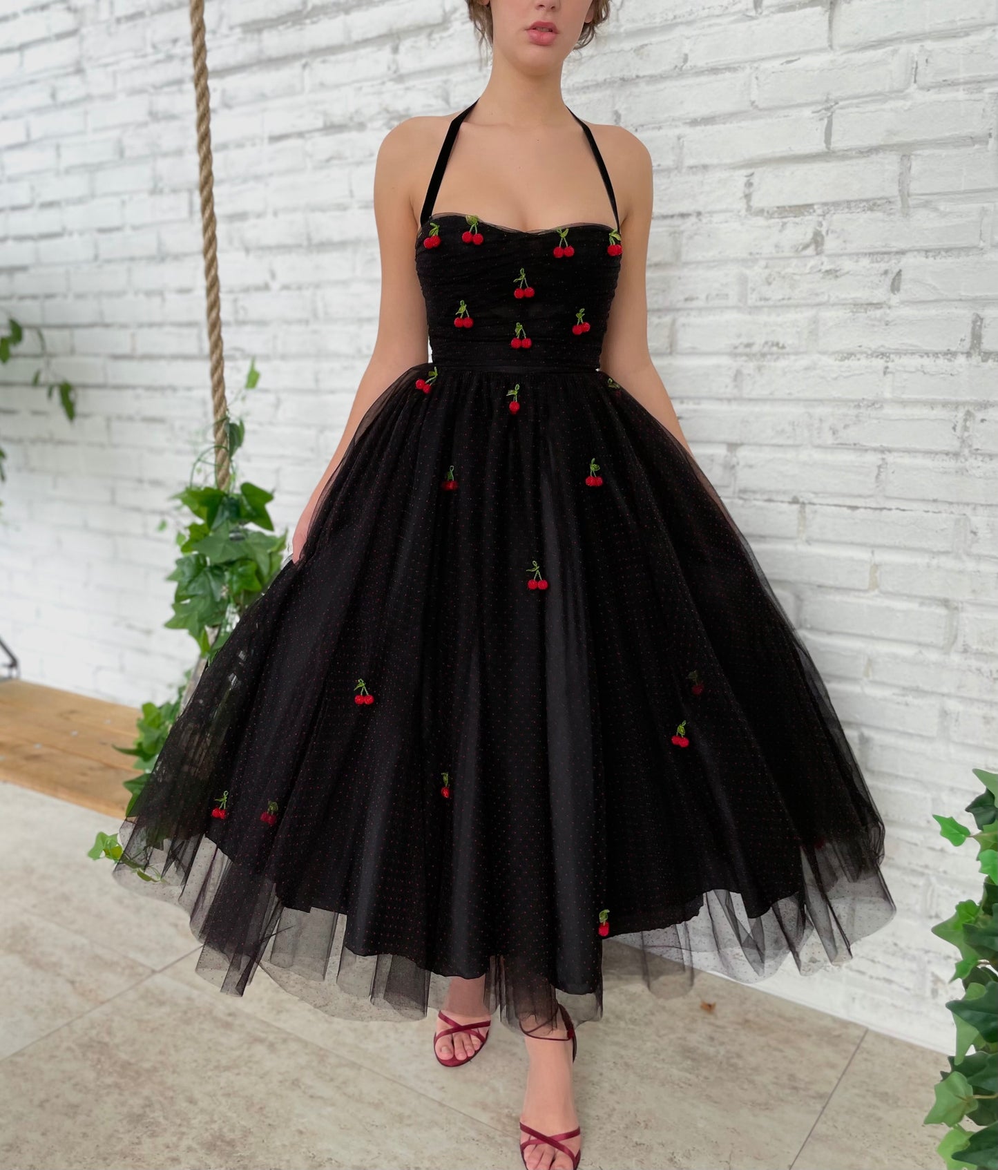 Black midi dress with spaghetti straps and embroidered cherries
