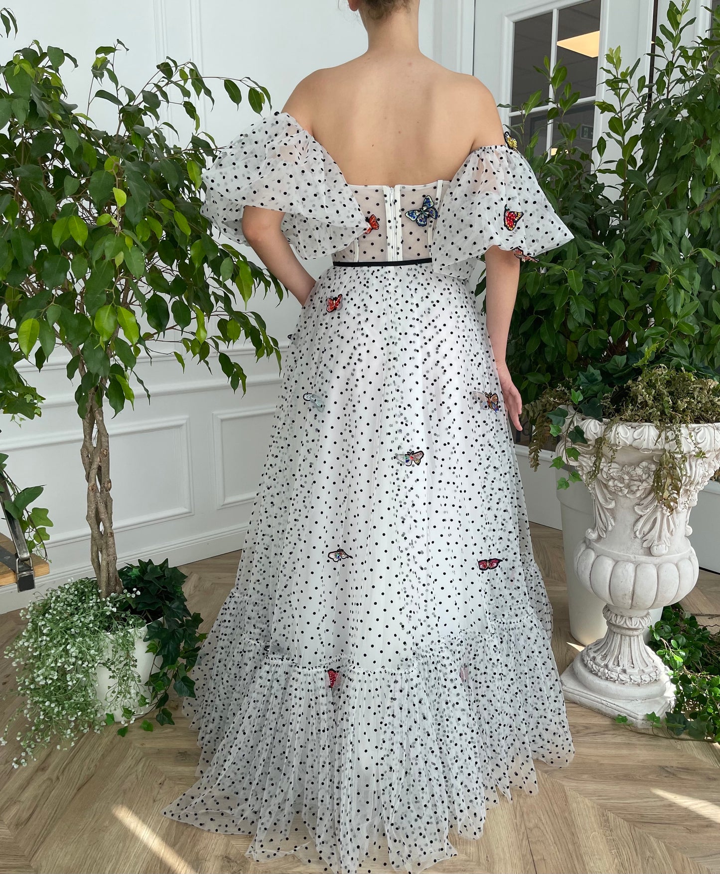 White dotted A-Line dress with embroidered butterflies and short off the shoulder sleeves